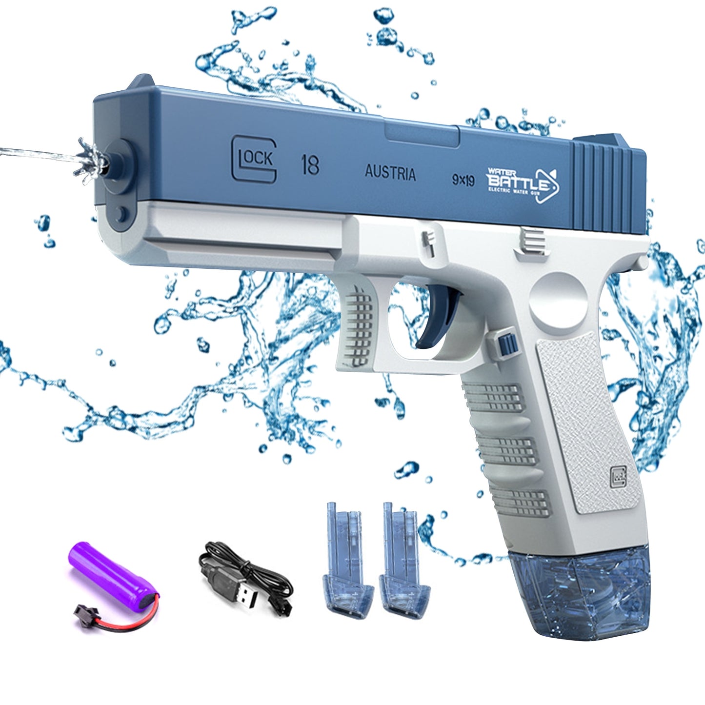 pistolet a eau électrique bleu avec 2 chargeurs