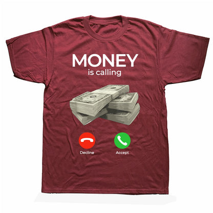 T-Shirt humour Money Is Calling rouge